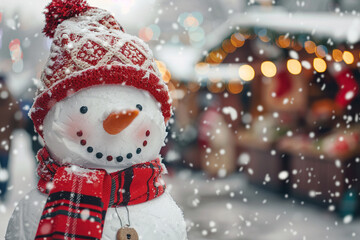 Christmas greeting card with bright winter holiday snowman and New Year background
