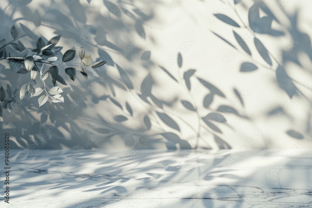 Poster minimalistic light background with blurred foliage shadow on marble floor.