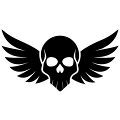 Black skull with wing silhouette illustration on white background 