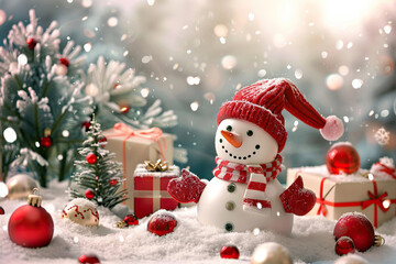 Obraz premium Christmas greeting card with bright winter holiday snowman and New Year background