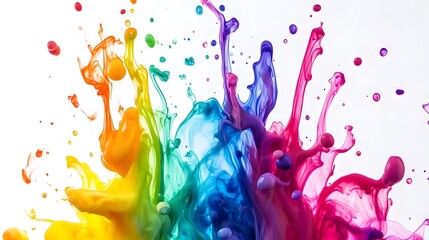 Colorful Ink Droplets: Vibrant ink droplets suspended in motion, blending together on a white background in a mesmerizing display.
