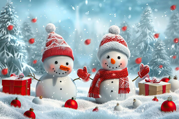 Obraz premium Christmas greeting card with bright winter holiday snowman and New Year background