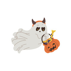 Cute spooky white ghost holding pumpkin head basket with candies treats, vector cartoon Halloween flying specter