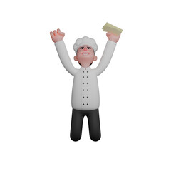 Professional Chef Character in 3D.  A chef jumps with joy, raising both hands in the air while holding money in one hand. Male