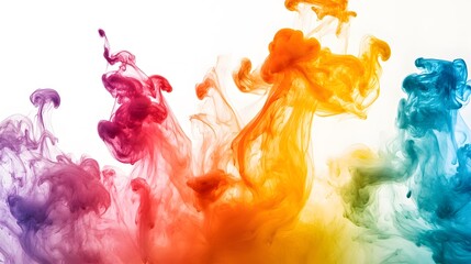 Colorful Ink Droplets: Vibrant ink droplets suspended in motion, blending together on a white background in a mesmerizing display.

