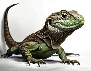 Naklejka premium Vividly detailed 3D rendering of a green iguana with striking red eyes and a patterned tail, posed on a white surface
