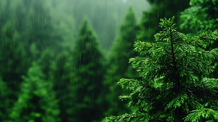 Lush green forest with dense pine trees on a misty day, highlighting the serene and tranquil beauty of natural wilderness.