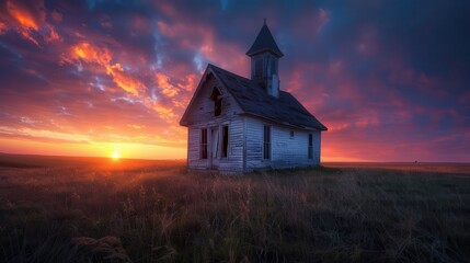 Old White Wooden Chapel in Rural Landscape at Sunset on Prairie