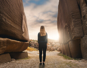 facing obstacles - woman is standing in front of giant stone wall