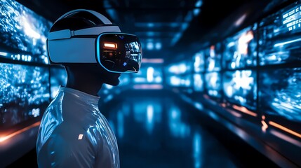 An advanced virtual reality (VR) gaming setup in a futuristic room. The player is immersed in the game, wearing a sleek VR headset, with a vibrant digital world reflected in the screens around them.