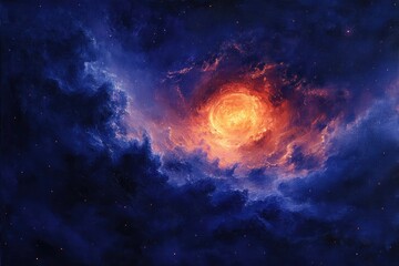 Obraz premium A fiery vortex emerges from the depths of space, surrounded by swirling clouds and a scattering of stars.