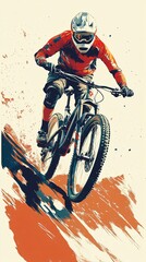 A mountain biker in action, navigating a steep incline, with the bike's suspension in focus and a light solid color background providing contrast