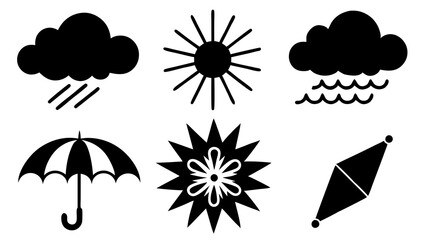 Set of weather icons, sun, rain, cloud, snowflake silhouette white background