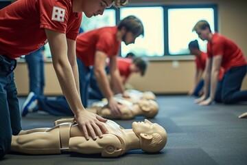 Naklejka premium A group of people are practicing CPR on a mannequin