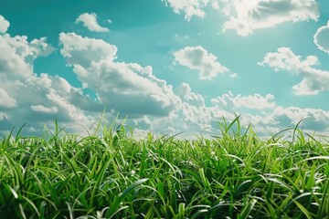 Fototapeta premium Roadside view and green grass on blue sky.