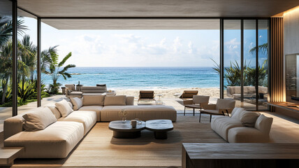 Fototapeta premium Interior design on the beach of a luxury Living Room, design modern luxury, ocean view