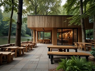 Serene Lakeside Caf&eacute; with Wooden Seating Surrounded by Forest