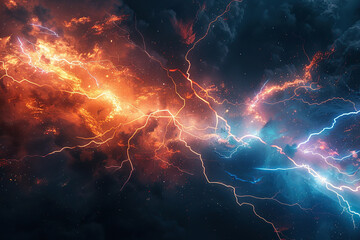 Generative ai on theme of scary bright electric lightning bolt with branches in the night dark sky
