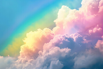 Generative ai on theme of beautiful tranquil landscape with magical bright rainbow at cloudy sky