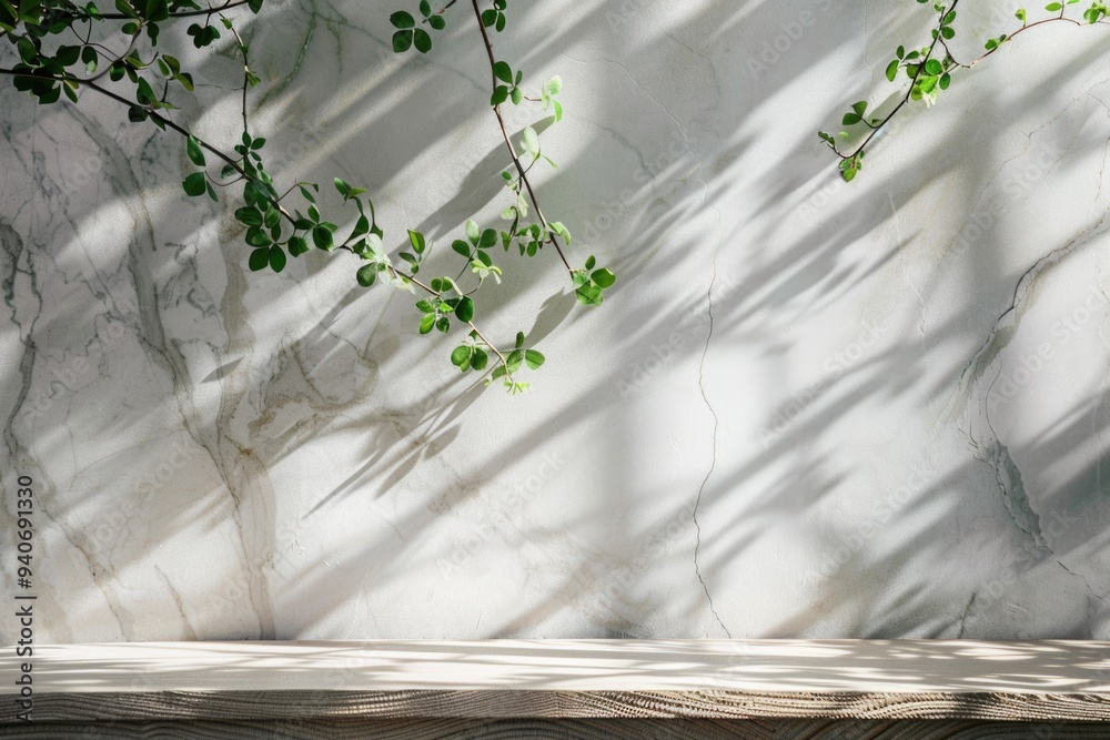 Aufkleber a wooden platform against a white wall with a leafy branch casting shadows.