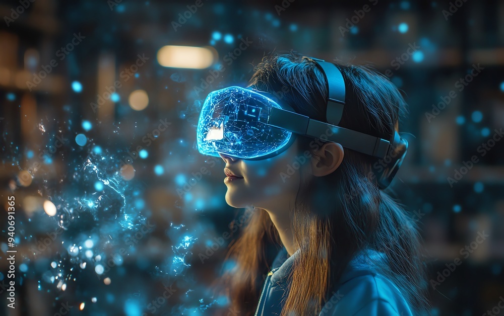 Fototapete classroom innovation featuring a school student wearing a vr headset, interacting with ai technology