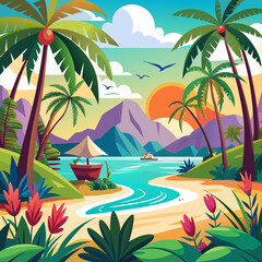 Fototapeta premium Tropical Island Beach Scene with Palm Trees and Sunset