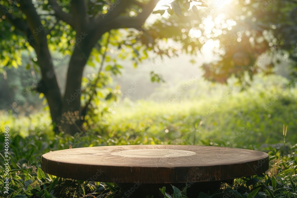 Aufkleber a wooden table in a forest with sunlight shining through the trees.