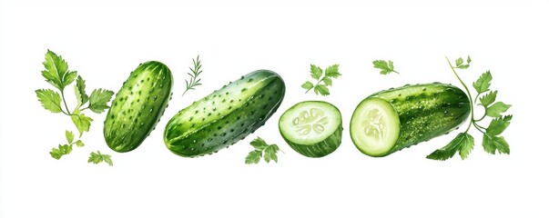Fresh and crisp cucumbers with detailed texture, illustrated in watercolor style against a white background.