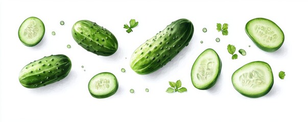 Fresh and crisp cucumbers with detailed texture, illustrated in watercolor style against a white background.
