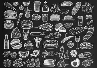 A black and white drawing of various food items and drinks, including wine, beer