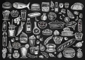 A black and white drawing of various food items and drinks, including wine, beer © SH Design
