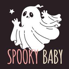 Vector illustration of a Halloween poster with a cute ghost on a black background.