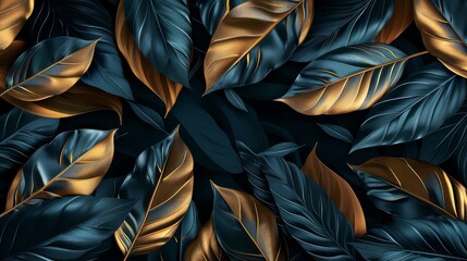 Tropical leaves of dark blue and green color, shiny golden light texture. Luxurious gold wallpaper. Black and gold background.