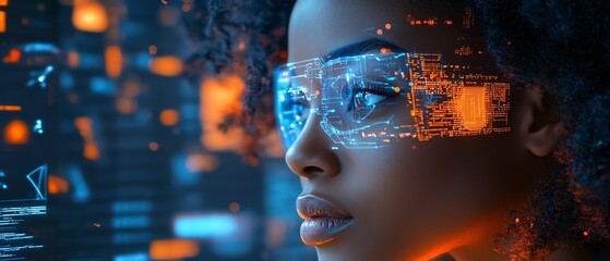 Female African American IT specialist analyzing futuristic holographic data information related to AI cyber security threats