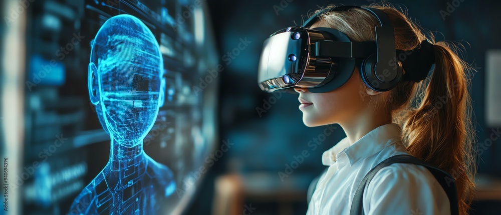 Poster futuristic classroom with a school student wearing a vr headset, engaged in ai technology and machin