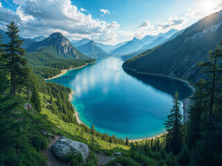 Obraz premium Illustration of a lake, drone view.