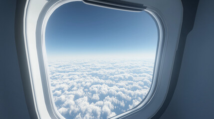 View from an airplane window showing a beautiful expanse of fluffy clouds and a clear blue sky,...