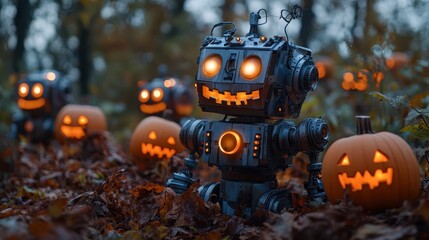 Obraz premium Futuristic Robot Pumpkin Patch with Illuminated Jack-O'-Lantern Heads and Mechanical Vines
