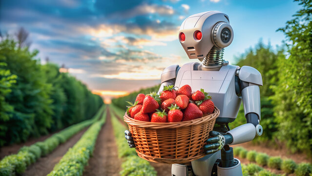 In a clearing, a robot with red eyes holds a basket filled with fresh strawberries.
