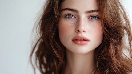 Fototapeta premium Young woman with wavy brown hair and freckles looking at the camera