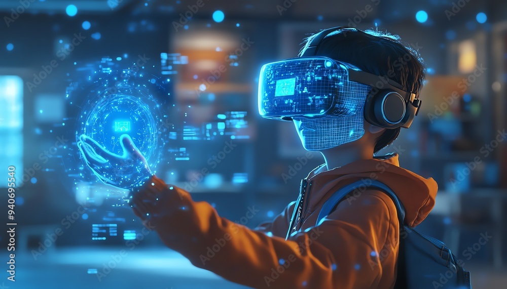Poster interactive classroom scene with a school student wearing a vr headset