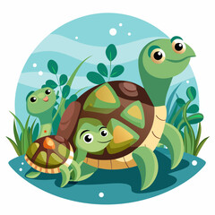 Fototapeta premium Three Cartoon Turtles In A Pond With Plants