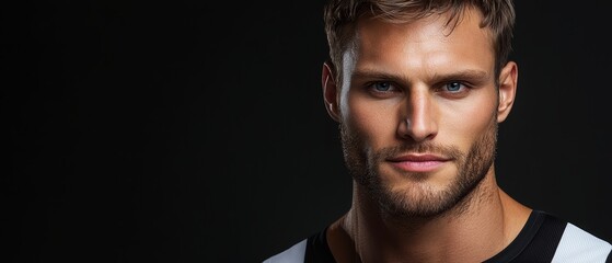 Obraz premium A tight shot of a man wearing a black-and-white striped shirt, the stripes continuing around his neck