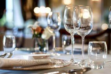 A table with a variety of wine glasses and a white napkin