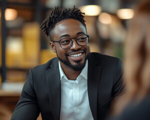 Obraz premium Medium shot of a happy African American man wearing glasses and a black suit talking to an unrecognizable female guest at a podcast table in a studio setting