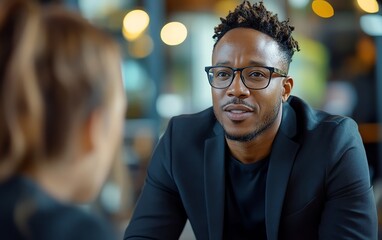 Fototapeta premium Medium shot of an African American man in glasses and a black suit engaging in a conversation with an unrecognizable female guest at a podcast recording table in a studio