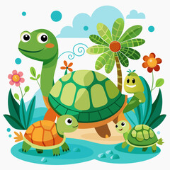 Obraz premium Four Adorable Turtles Enjoying a Day by the Pond