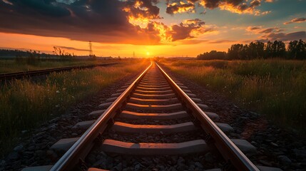 Fototapeta premium A serene sunset over railway tracks, highlighting nature's beauty and tranquility.