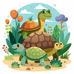 Naklejka premium Three Cartoon Turtles In a Garden Landscape