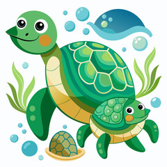 Obraz premium Cartoon Illustration of Two Green Sea Turtles with a Shell and Bubbles